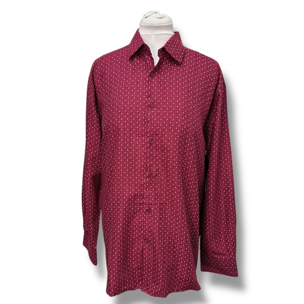 Nine West Mens Slim Fit Long Sleeve Button-Down Shirt Maroon White Dots XL
